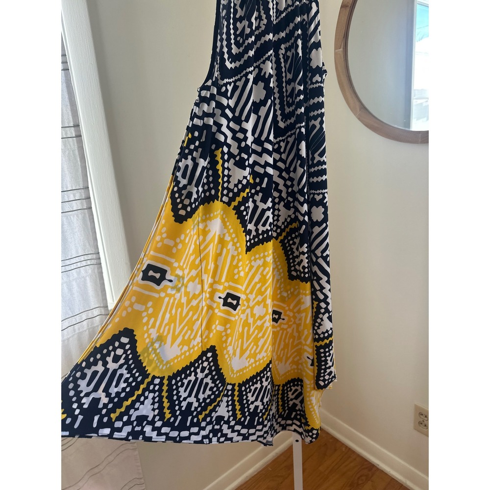 Dressbarn Halter Neck Handkerchief Hem‎ Dress Navy White Yellow Geometric L - Picture 2 of 8